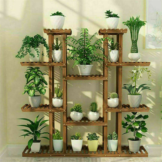 Multi-Tier Wood Plant Stand with 16 Potted Display Shelves - Indoor/Outdoor